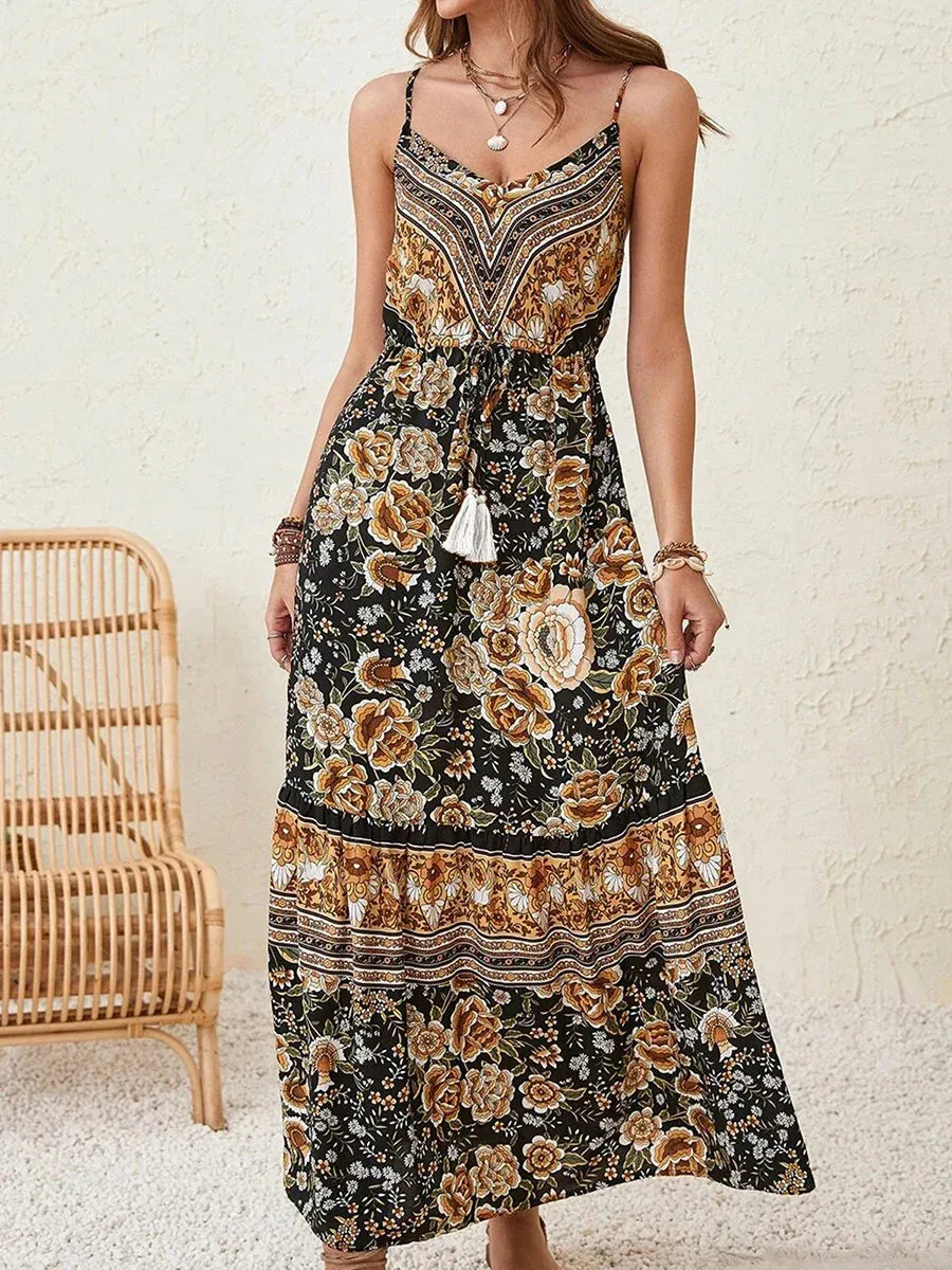 2024 Summer Bohemian Floral Print Beach Sundress Boho Dress