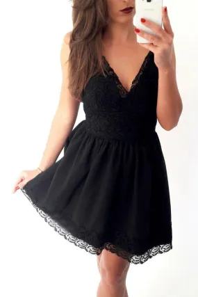 Black A-line Homecoming Dress,Deep V Neck Lace Short Prom Dress, SH220