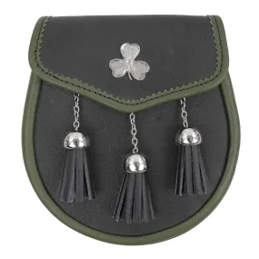 Black Leather Shamrock Emblem Sporran with Dark Green Trim