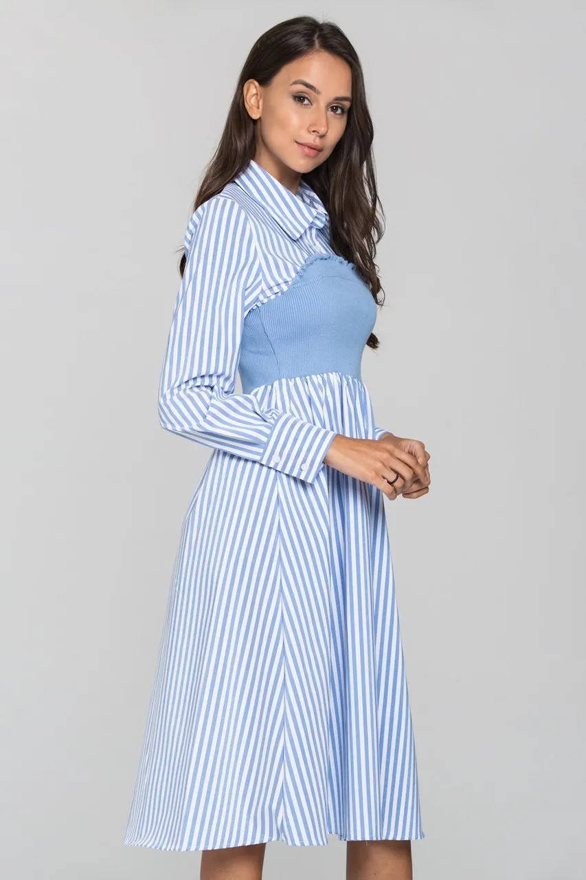 Blue Stripe Knit Panel Midi Shirt Dress