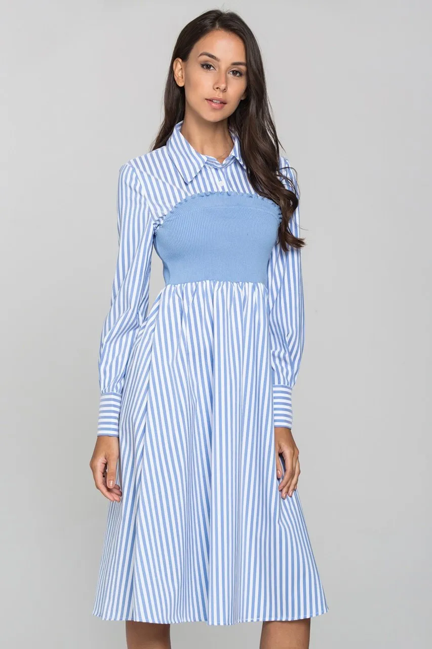 Blue Stripe Knit Panel Midi Shirt Dress