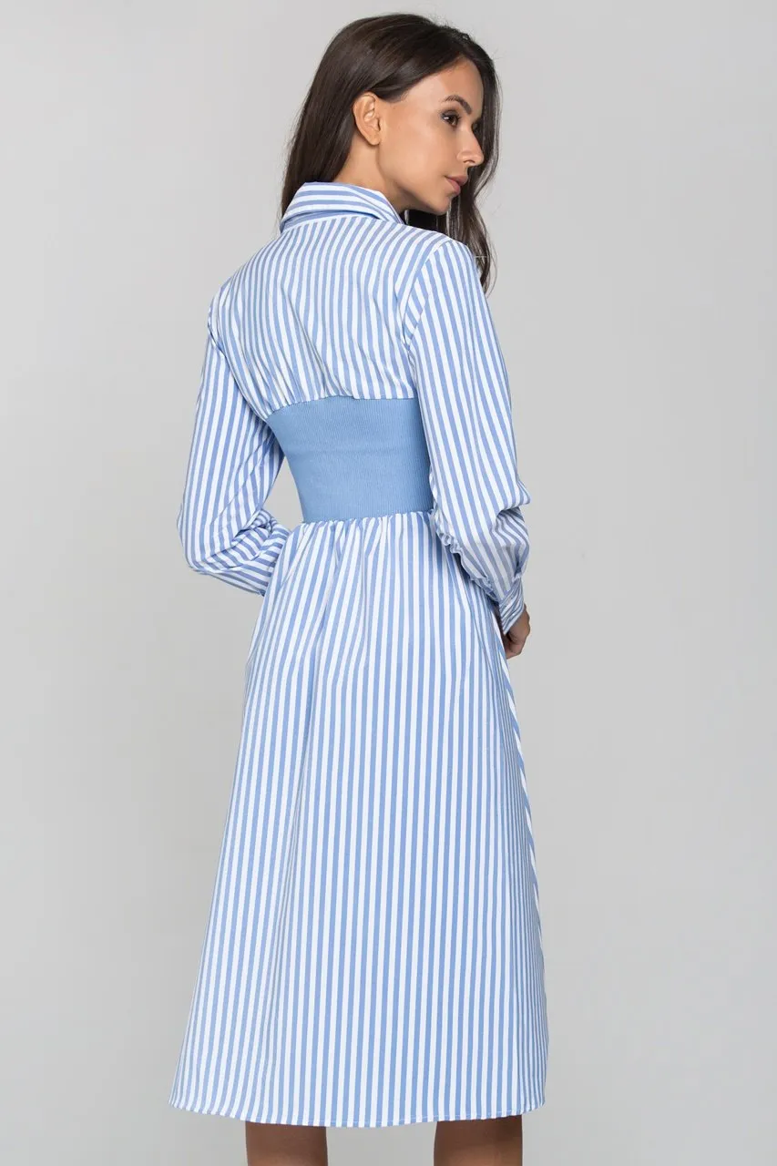 Blue Stripe Knit Panel Midi Shirt Dress