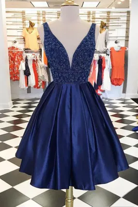 Dark Blue V neck Satin Cute Homecoming Dresses Chic Short Prom Dress, SH357