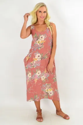 Dark Salmon Native Flower Linen Tunic Dress