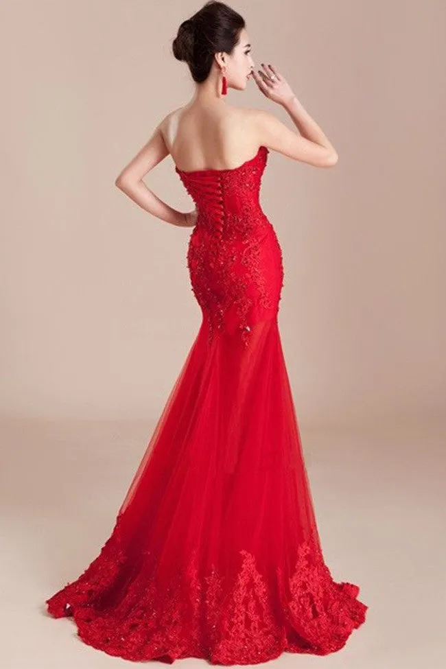 Decent Long Mermaid Lace Sweetheart Prom Dress with Appliques and Beading,SVD333