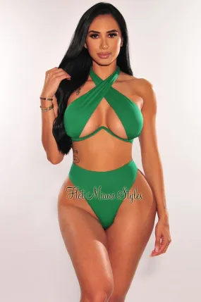 Emerald Halter Underwire CrissCross Tie Up Scrunch Butt Bikini Bottom