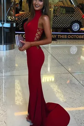 Fabulous Red Mermaid High Neck Long Prom Dresses Evening Dress, M121