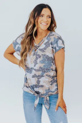 Finding My Way Camo Print V-Neck Short Sleeve Top in Blue/Grey