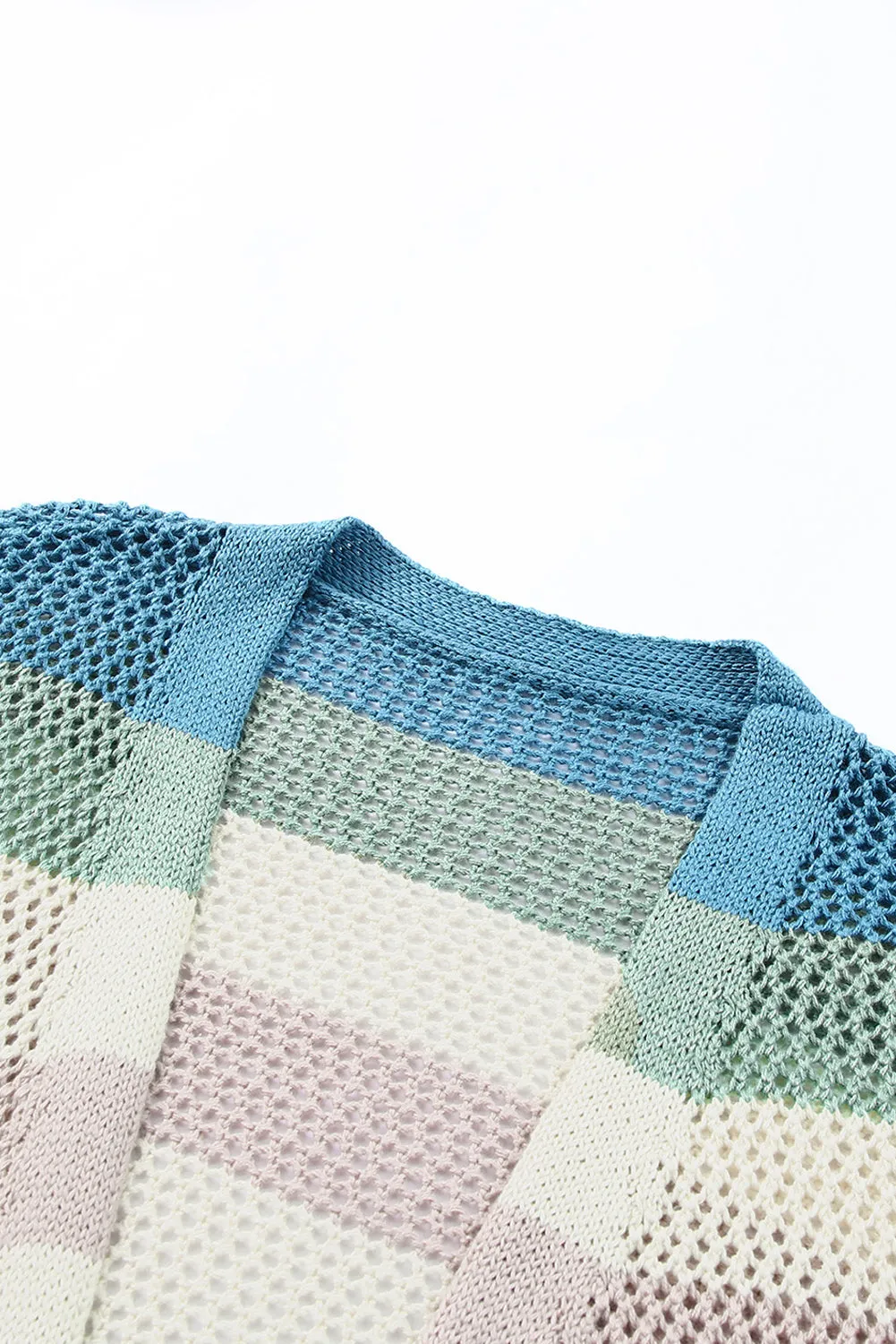 Green Striped Color Block Hollowed Knit Cardigan