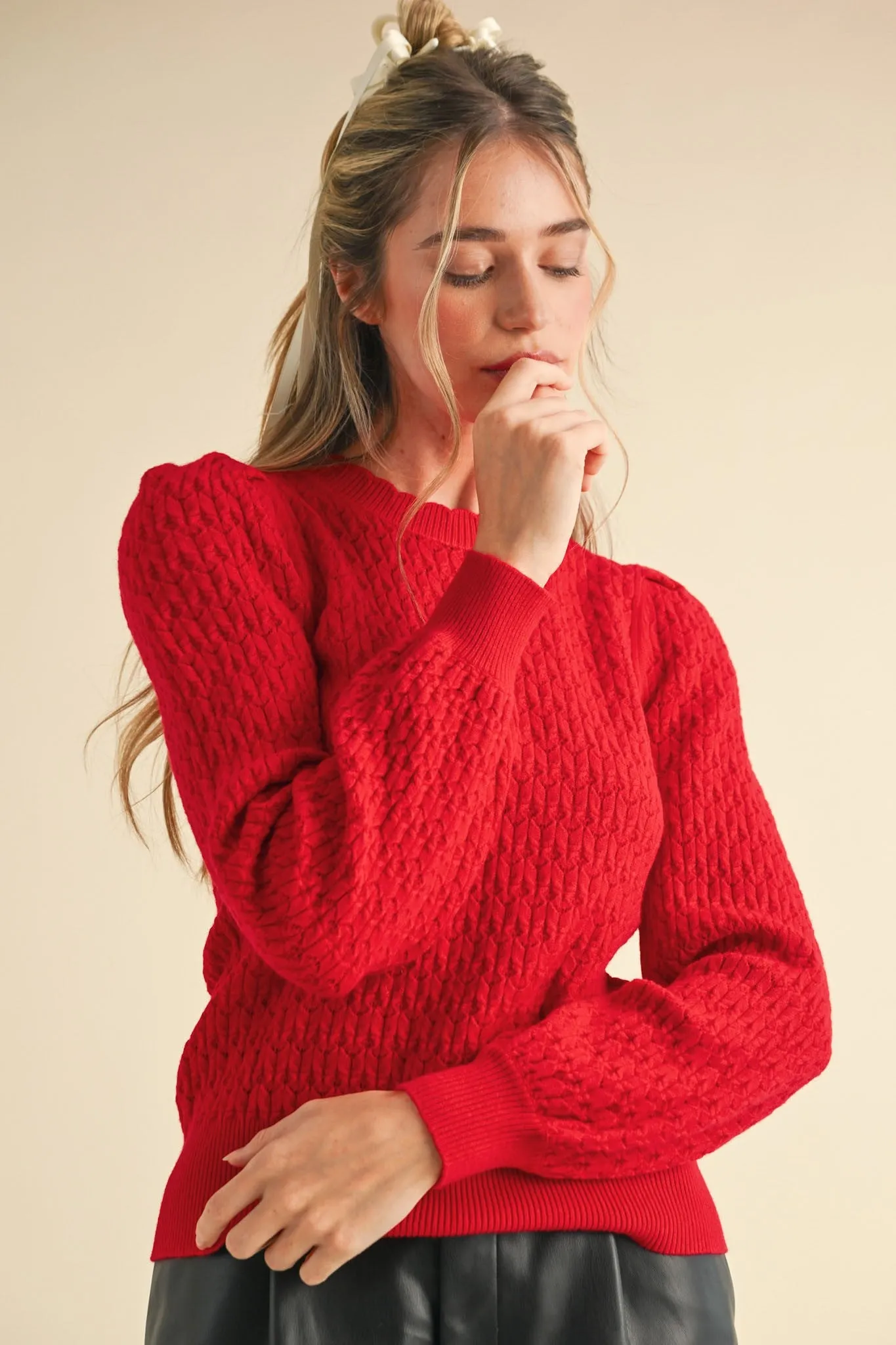 Marcy Puff Sleeve Scalloped Pointelle Sweater