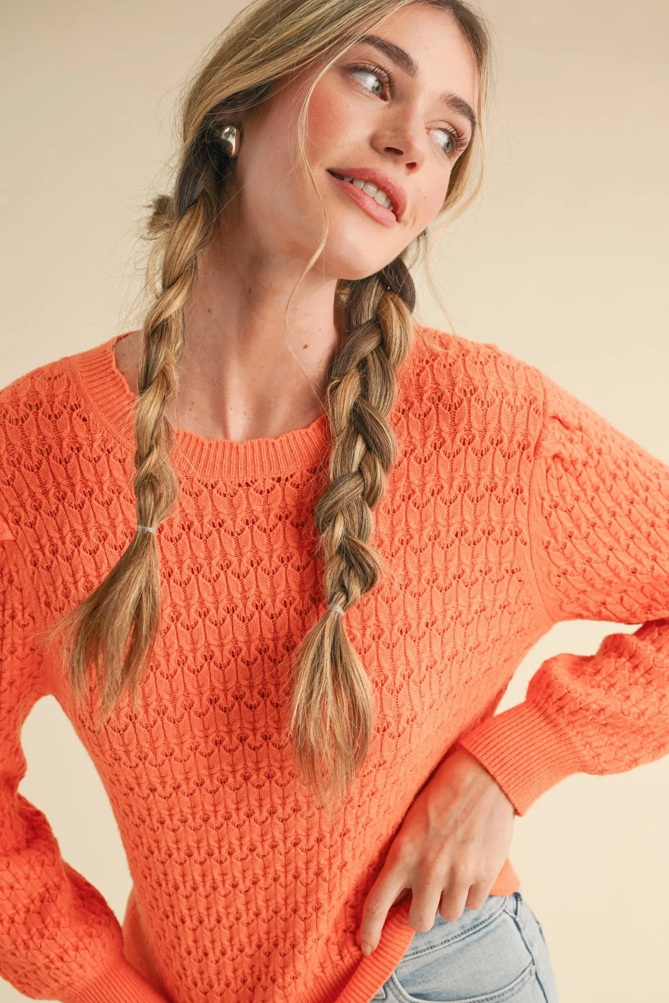 Marcy Puff Sleeve Scalloped Pointelle Sweater