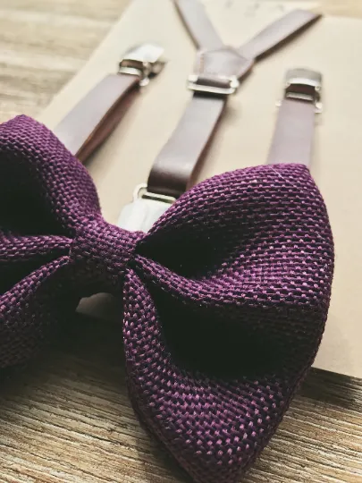 Skinny Coffee Suspenders with Plum Bow Tie