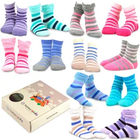 TeeHee Socks Kid's Casual Cotton Short Crew Tonal Stripe/Ruffle Top 12-Pack Gift Box (70681)